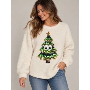 Chance Or Fate Sherpa Pullover Womens Medium Cream Christmas Tree Sequin Sweater